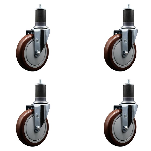 5'' SS Maroon Poly Wheel Swivel 1-5/8'' Expanding Stem Caster Set, 4PK